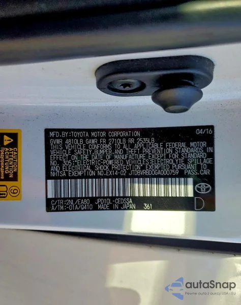 2016 Toyota Mirai z USA, uszkodzony, nr VIN JTDBVRBD0GA000759